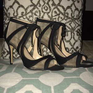 Nina 9 Black Zip Mesh Kitten Bow Heels VERY SEXY